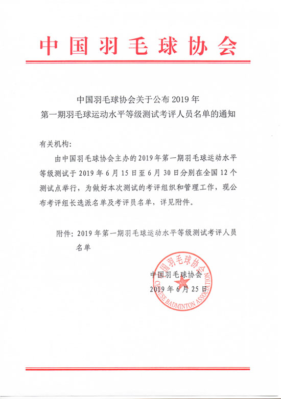 中国羽毛球协会关于公布2019年第一期羽毛球运动水平等级测试考评人员名单的通知
