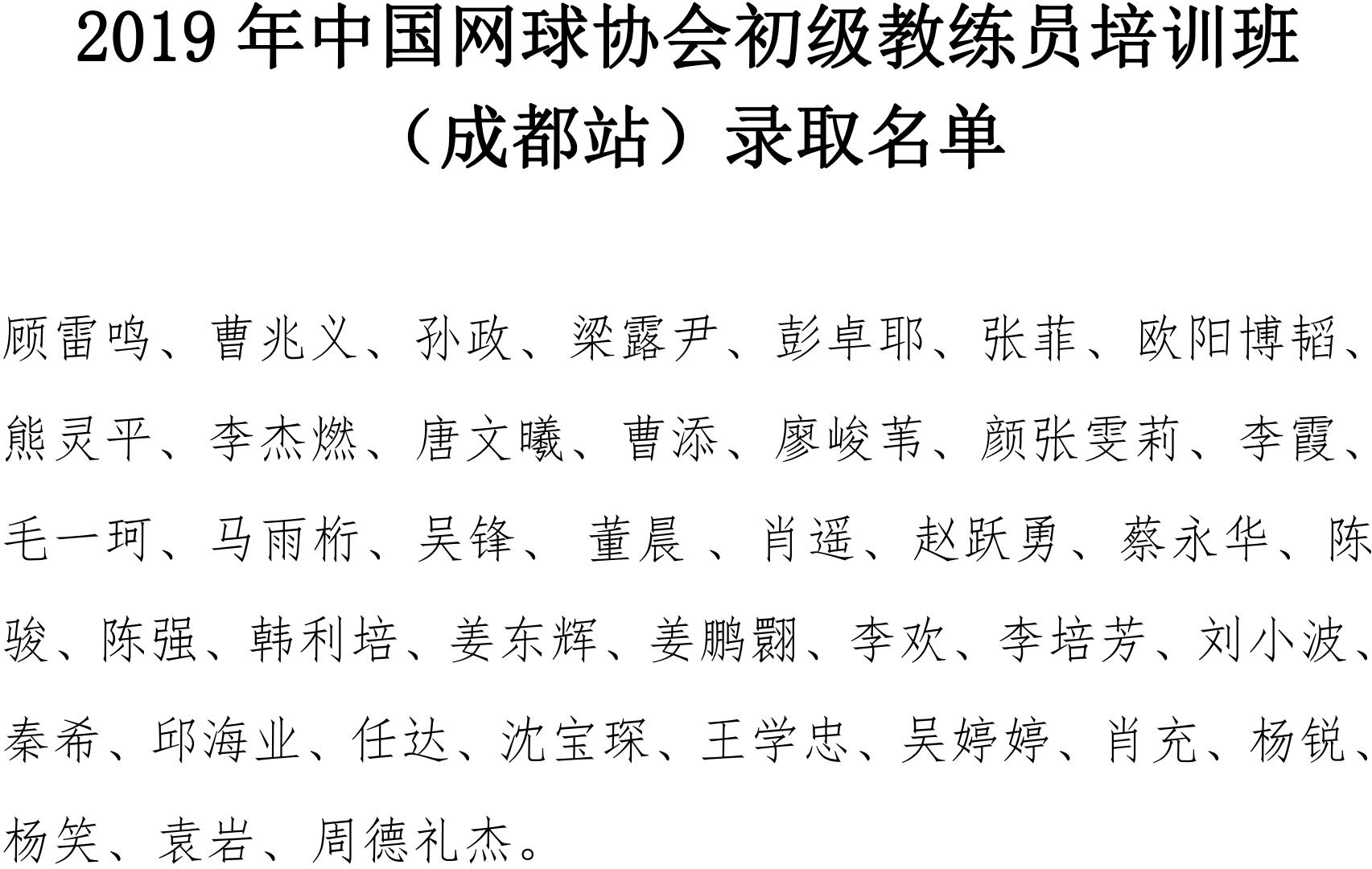 2019年中国网球协会初级教练员培训班（成都站）录取名单