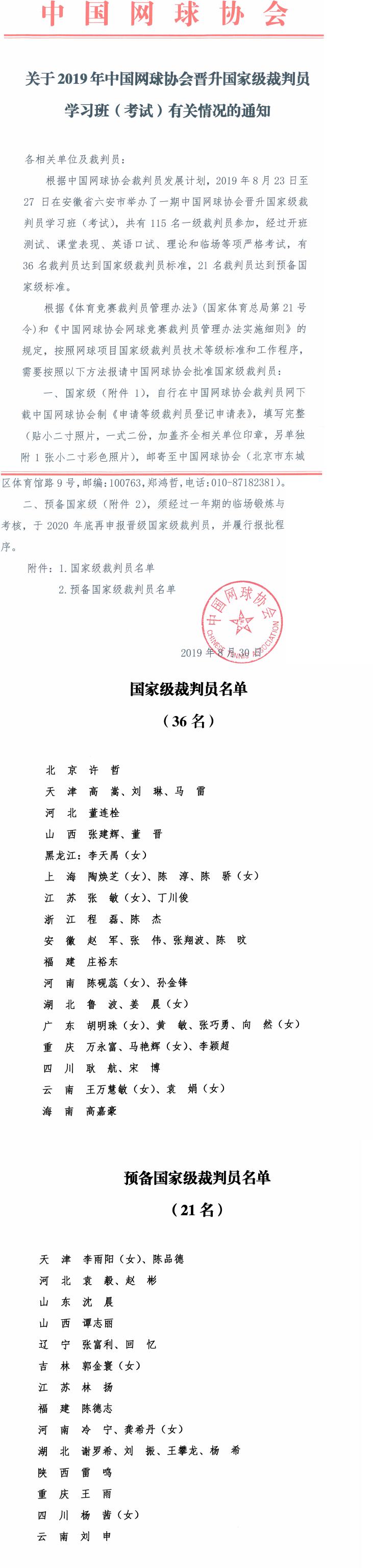 关于2019年中国网球协会晋升国家级裁判员学习班（考试）有关情况的通知