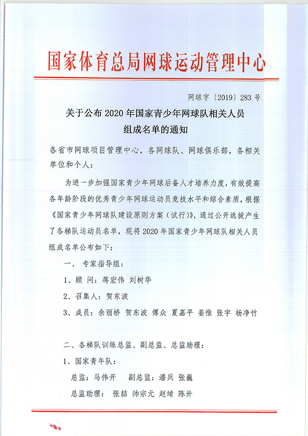 关于公布2020年国家青少年网球队相关人员组成名单的通知