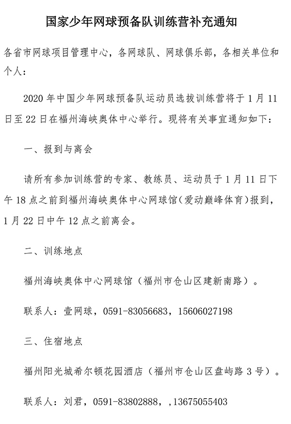 国家少年网球预备队训练营补充通知