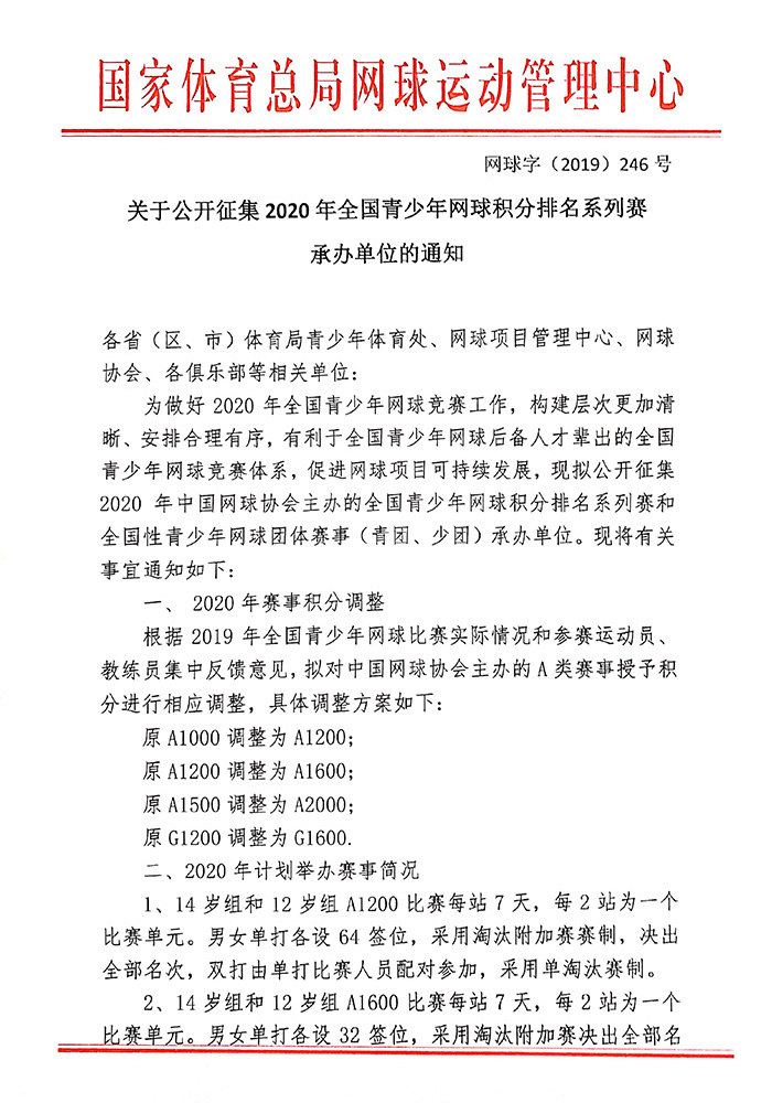 关于公开征集2020年全国青少年网球积分排名系列赛承办单位的通知