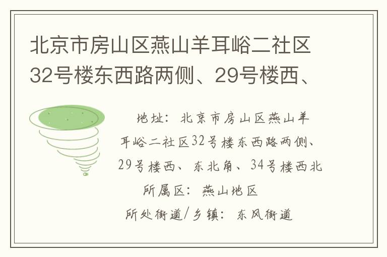 北京市房山区燕山羊耳峪二社区32号楼东西路两侧、29号楼西、东北角、34号楼西北