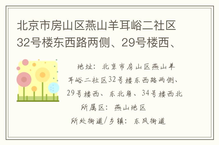北京市房山区燕山羊耳峪二社区32号楼东西路两侧、29号楼西、东北角、34号楼西北